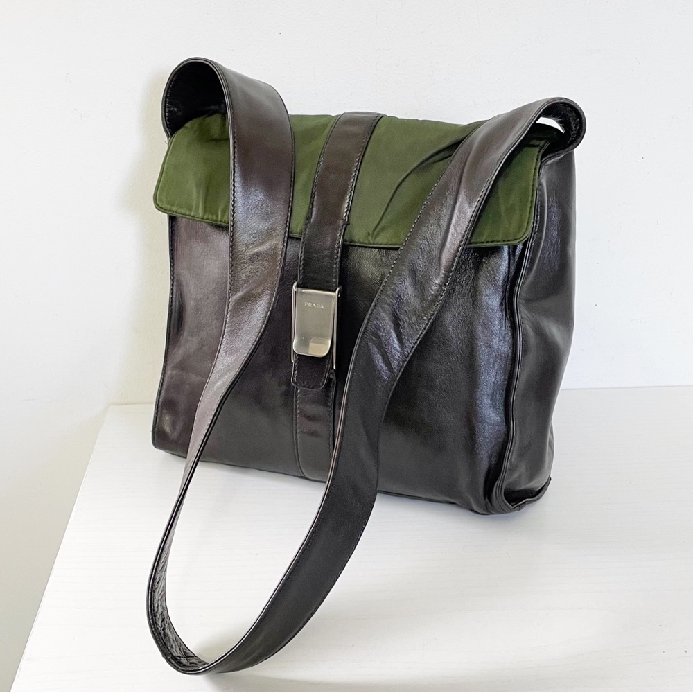 ❤️SOLD❤️Prada rare 90s brown nappa leather green Tessuto nylon shoulder bag - Picture 4 of 15